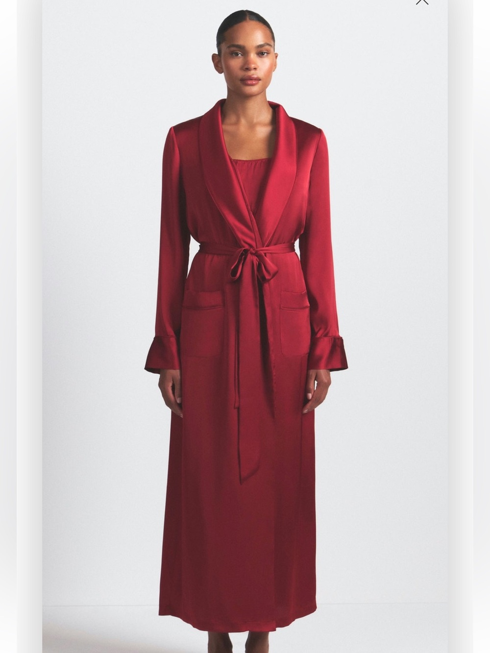 SKIMS Woven Shine Long Robe in Deep Red with Tie Belt - Picture 1 of 5